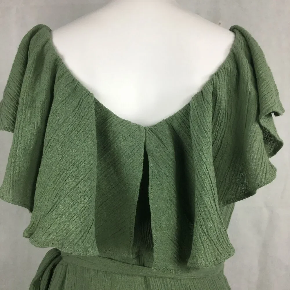 Free People Dress Womens Sz S Green Ruffled‎ Crinkle Mini Wrap Sundress V-Neck